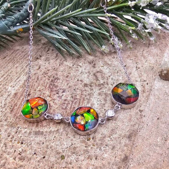 Nature Rainbow Flashy Ammolite Inlay 925 Bracelet - Picture 3 of 9